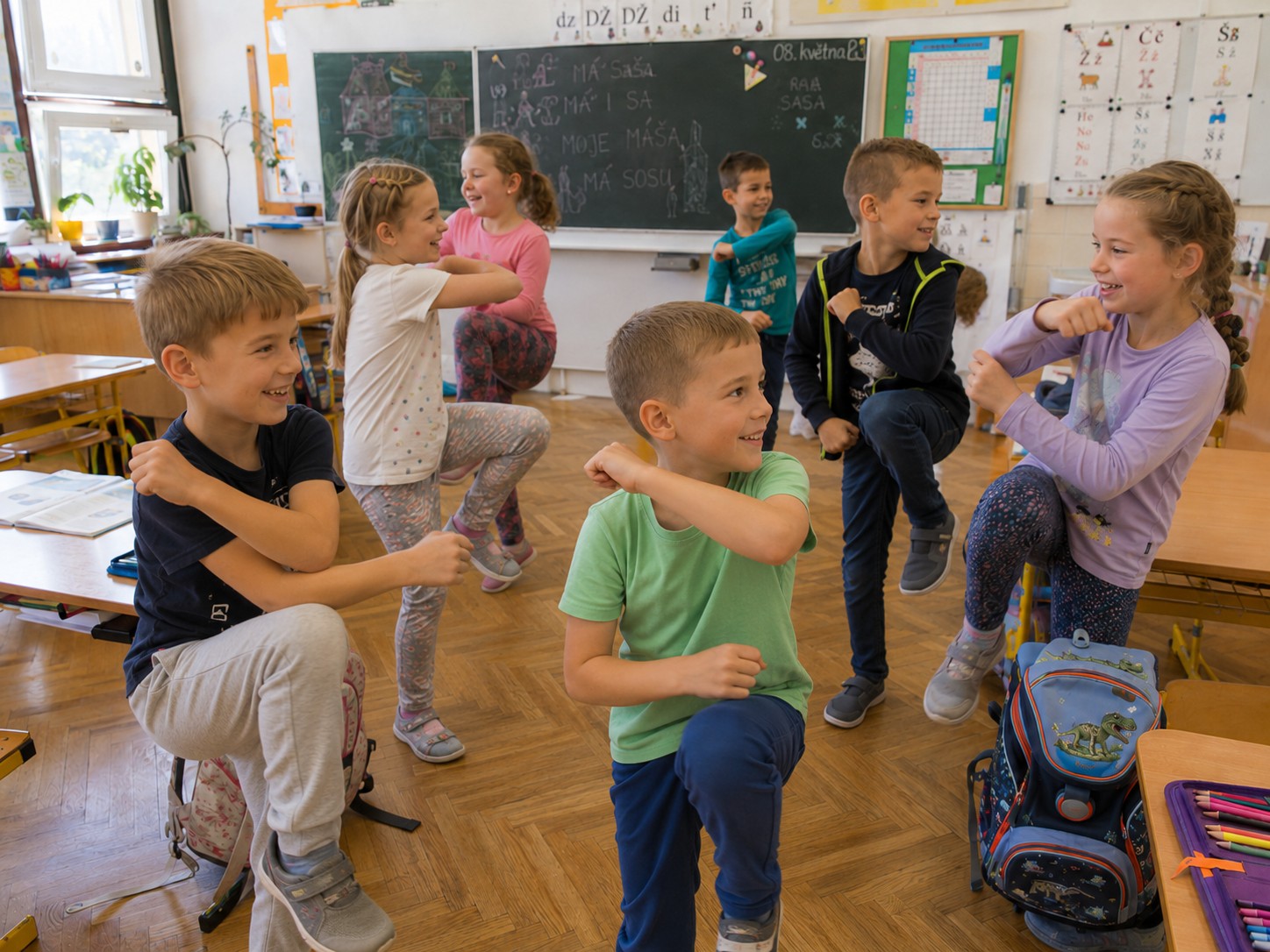 Děti při společné pohybové aktivitě v běžné třídě základní školy.