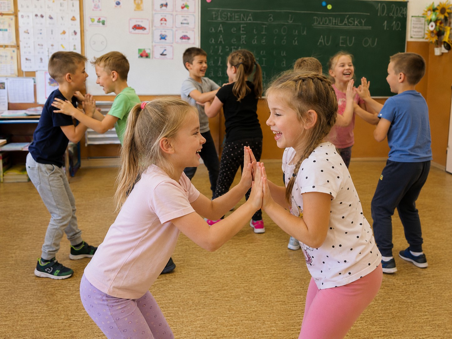 Děti při pohybové aktivitě ve dvojicích ve třídě základní školy.