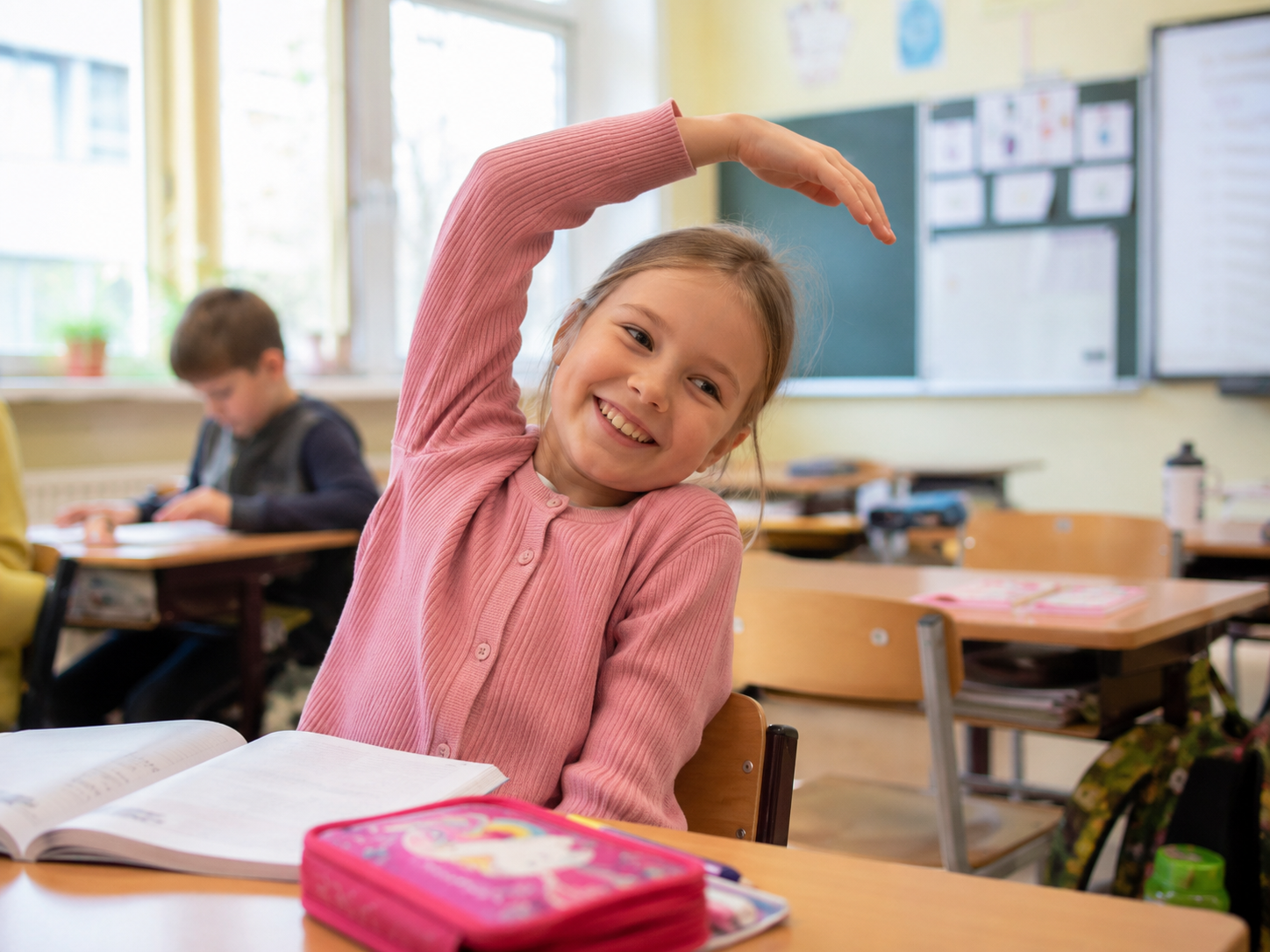 Usměvavá dívka při pohybové aktivitě ve školní třídě.